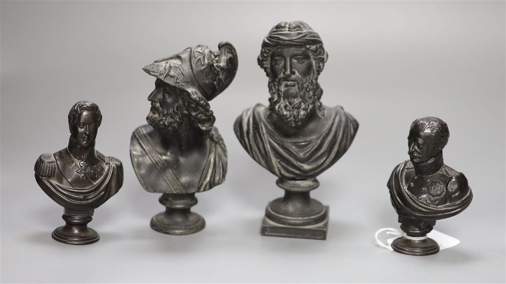 Two pairs of spelter busts, tallest 15cm